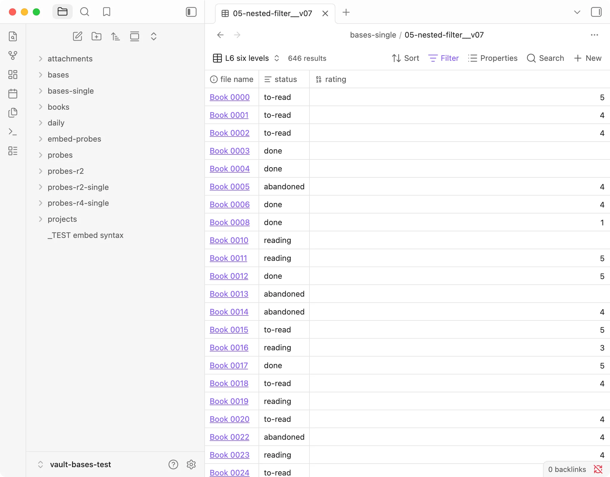 An Obsidian Bases table view named "L6 six levels", scoped to the books folder. The toolbar says "646 results", matching the independently computed 646.